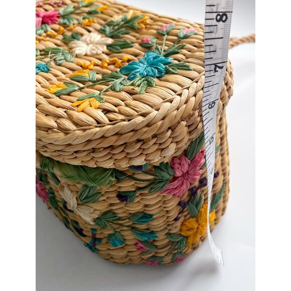 Vintage Straw Basket Top Handle Bag with Colorful Florals - Picture 13 of 16